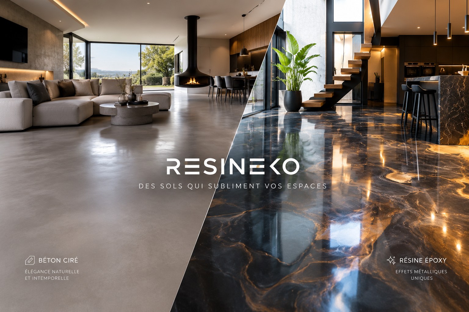 Salon contemporain : sol en béton ciré et sol en résine époxy à effet métallique — Resineko